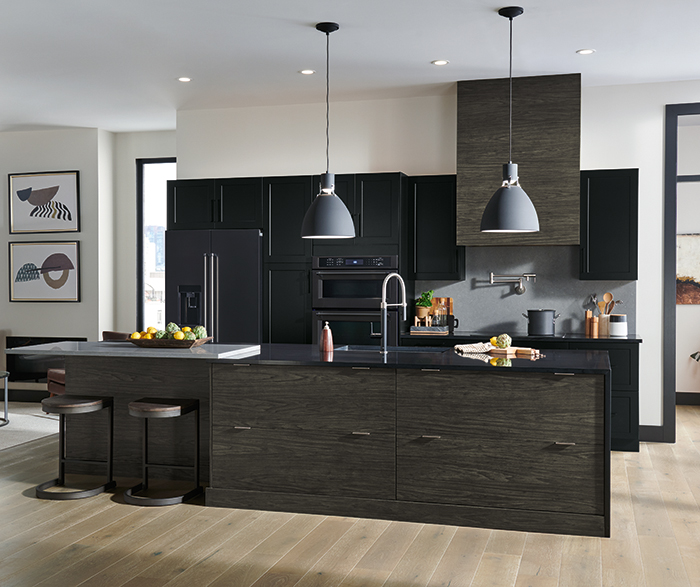 Modern Black and Woodgrain Textured Feather Kitchen Cabinets