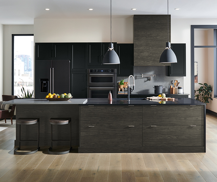 modern black and woodgrain textured feather kitchen cabinets